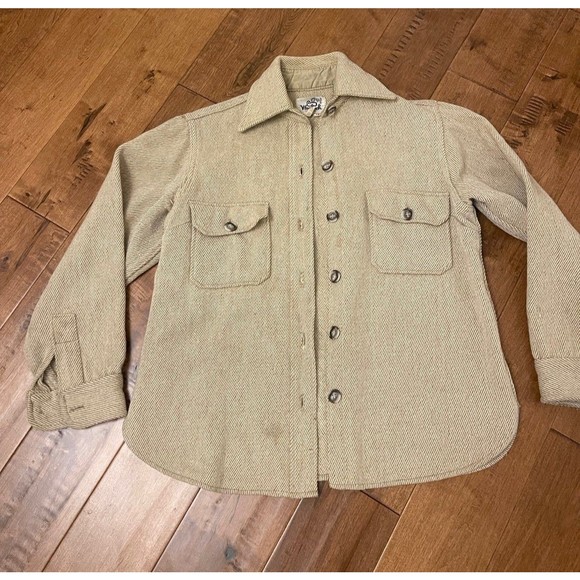 Woolrich Wool Shirt Jacket Thick Flannel Schacket Tan Beige Button Up Vintage L - Picture 1 of 11